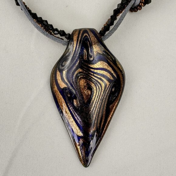 Handcrafted Glass Pendant Necklace Beaded Braided Cord Design Adjustable 21" - Picture 2 of 10